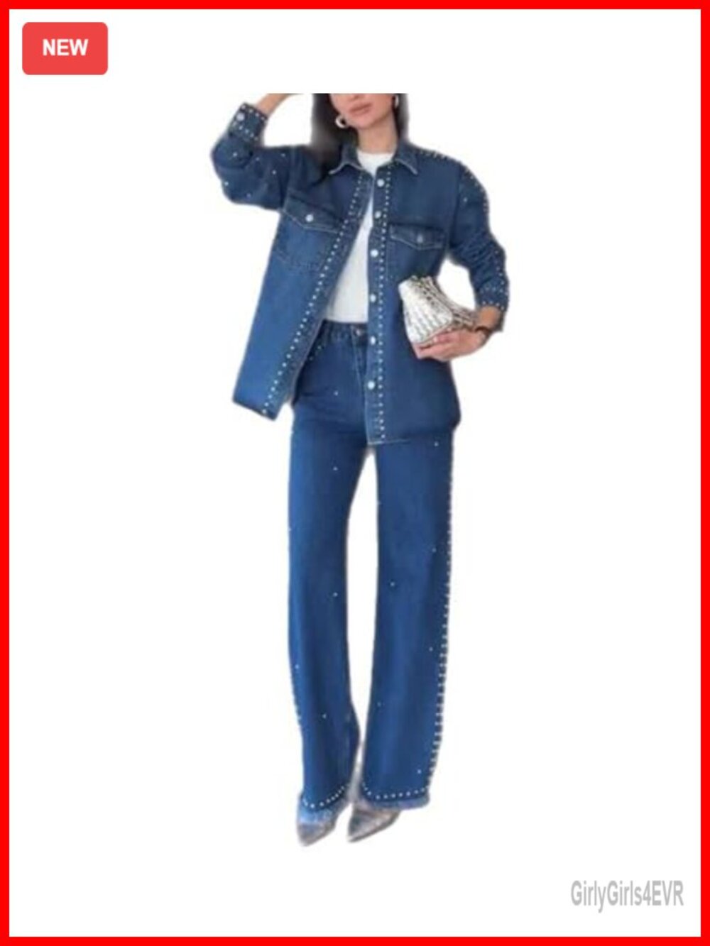 Women Denim 2 Piece Outfit Pearl Button Down Shirt Wide Leg Jeans Set